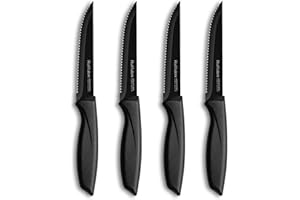 Ruffulon Steak Knives,Steak Knives Set of 4,Black Steak Knife,Stainless Steel Serrated Kitchen Knife with Ergonomic Handle,Multipurpose Dinner Knives,Sharp Steak Knife,Dishwasher Safe,Rust-Proof