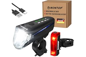 ‎MONTOP MONTOP Intelligente Fahrradlicht Set | StVZO Zugelassen Fahrradbeleuchtung mit Automatik-Modus | USB C Aufladbar Fahrradlichter Vorne und Hinten mit Bremslicht und Standlicht | 2025 Neuestes Modell