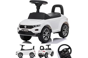 sun baby Macchinina Cavalcabile per Bambini licenza Volkswagen T-Roc, Macchina a spinta da 12 mesi, cassetto portaoggetti, cerchi cromati, clacson e sintonizzatori (Bianco)