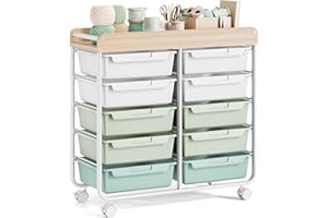 SYKIARIOL Rolling-Utility-Storage-Trolley-Cart-Craft-Organizer on Wheels with 10 Drawers & DIY Label Slot for Home, Office,Classroom, Make Up, 10 Drawers Art Supply Organizers, Craft Trolley, Green
