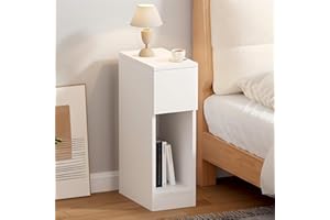 Sanery Slim Bedside Table Bedroom Nightstand with Open Shelf & Drawer, Narrow End Table Sofa Side Table for Living Room, Compact Wooden Lamp Table Telephone Table for Home Office, White