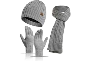 Meajore Mütze Schal Handschuhe Set für Damen & Herren 3 in 1 Winter Beanie Mütze Hals Warmer Schal Touchscreen Handschuhe Strickset