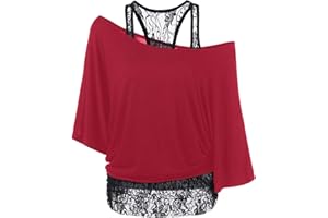 TIMEMEAN Tops Femme T-Shirt à épaules Dénudées EmpièCement en Dentelle De Grande Taille Tops Décontractés à Manches 3/4 Dolman De Couleur Unie