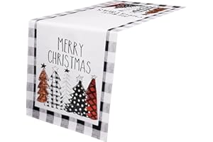Toptime Tischläufer Weihnachten, 183x33cm Schwarz Weiß Karierter Weihnachtstischläufer, Abwaschbarer Tischläufer mit Weihnachtsbaum Merry Christmas Muster, Weihnachten Tischdeko für Küche, Esszimmer