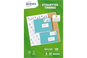 AVERY - Pochette de 120 étiquettes autocollantes pour imprimer ses timbres. Personnalisables et imprimables. Format 63,5 33,9 mm. Impression jet d'encre.