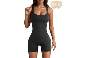 Merlvida Sport Jumpsuits für Damen Kurzer Bodycon Jumpsuit Eng Elastischer Figurbetonter Einteiler Bauchweg Workout Bodysuit Nahtloser Overall für Fitness Yoga Gym
