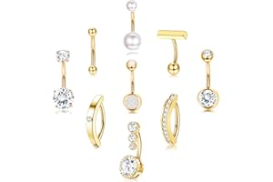 Morfetto 9stk Bauchnabelpiercing Gold Chirurgenstahl Piercing Bauchnabel 14G Silber Bauchnabelpiercing Schwangerschaft CZ Perle Opal Bauchpiercing Nabelpiercing 10/12mm Stablänge