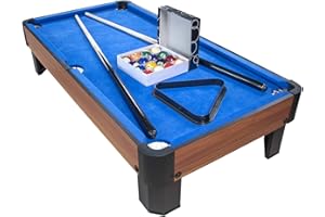 PLAY4FUN Billard de Table avec Accessoires - Kit Billard Compact de Bureau ou Salle de Jeu, 102 x 51 x 22.5 cm - Marron et Tapis Bleu