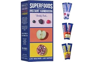 SUPERFOODS COMPANY Instant Kombucha Drink Powder - Pre + Probiotics Gut Powder for Digestive Health & Energy Levels - Variety of Apple Cider, Mixed Berries, and Pomegranate Flavours - (6 x 5g)