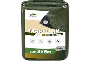 Covall Tarpaulin Waterproof Tarp Medium-Duty Groundsheet Sheet Cover 3x3m with eyelets 100g/m² Green Weatherproof Windproof UV-Resistant Tent Pool Roof Sandbox Boats Truck RV Car tarp