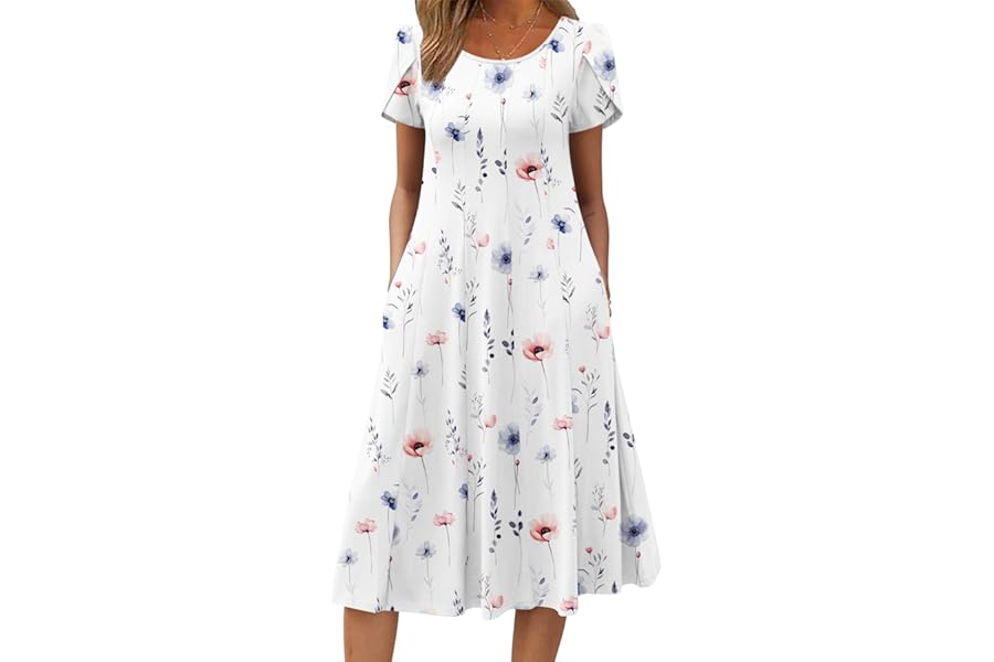 Zeagoo Womens Summer Dresses Short Sleeve Midi Dress Crew Neck Ladies Dress Casual Swing Dress with Pockets S-XXL