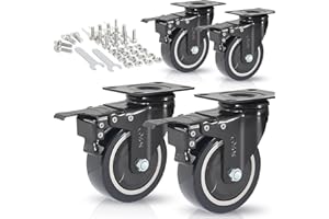 FOSLAP Heavy Duty Castor Wheels 100mm up to 600KG with Wrench and Bolt Screws - PU Rubber Swivel Wheels for Moving Furniture and Trolley (Black All 4 With Brakes)