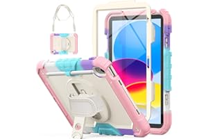 SEYMCY Kids Case for iPad 10th Generation 10.9 inch 2022, Shockproof Case with Screen Protector, Rotating Stand/Hand Strap, Carrying Strap, Pencil Holder, for iPad 10 Case A2696/A2757/A2777, Pink