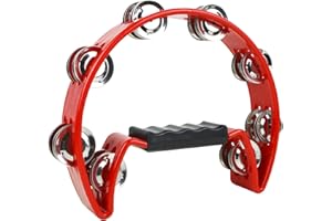 A-Star Half Moon Tambourine, Double Jingle Bell Cutaway with Ergonomic Grip Handle - Singers, Bands, Musicians, Music Classes - Red