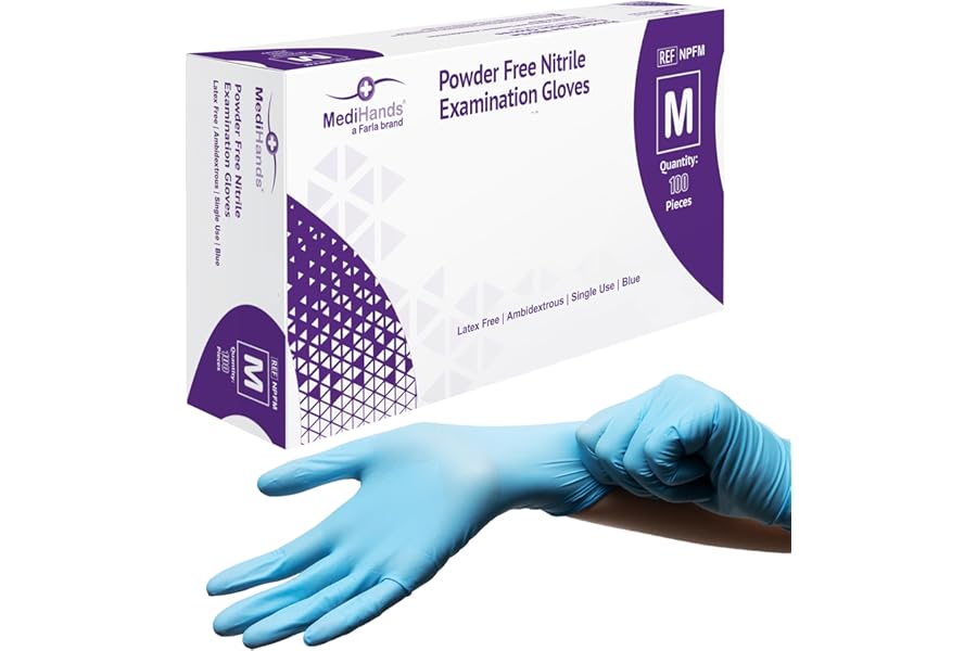 MediHands Nitrile Gloves Medium, Blue Heavy Duty Disposable Glove and Surgical Gloves, Powder Free and Latex Free, Medical, Food, Multi Use, Pack of 100