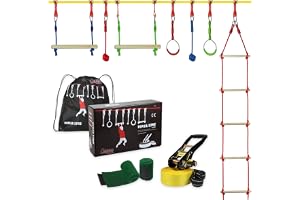 ALPIDEX Ninja Line Barn Slackline Hinderbana Gymnastikringar Gunga | Repstege, Klätternät, Rep, Knutar, Lekställning, Trädgård, Utomhus, Utbyggbar, från 3 år, Kit
