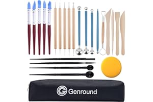 GENROUND Polymer Clay Tools Set, 25 Packs Pottery Tools Kit with Storage Bag, Wooden Silicone Plastic Sculpting Tools Accessories Modelling Pen Rubber Tip for Beginners Adults Kids Children 6-12