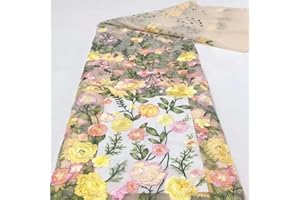 SMZhomeone Peony Embroidered Fabric 91X125cm Peony Embroidered Tulle Mesh Lace Fabric For Designer Dresses(Yellow)