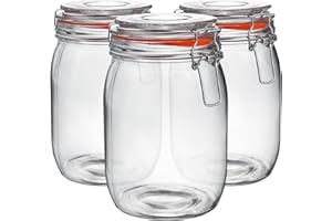 Argon Tableware Glass Jars with Airtight Metal Clip Lid - 1000ml/33.8oz - 3 Pack - 4 Colour Seals - Large Kitchen Storage Container Round Preserving Jar for Pickling, Chutney, Jam, Coffee