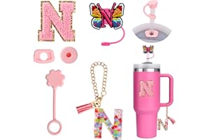 FIDWALL 6PCS Accessori personalizzati per Stanley Cup, Decorazioni con iniziali per tumbler Stanley, Adesivo con lettera per Stanley Cup, Ciondolo con lettera,Cappuccio di copertura per cannuccia e tappo (N)