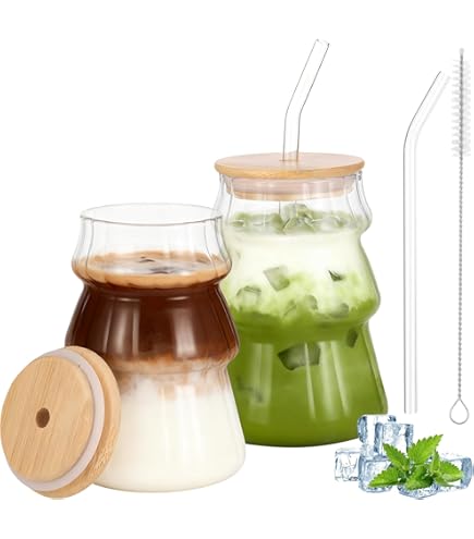 MAISITOO Cocktailglazen met deksel en rietje, 600 ml longdrinkglas, ijskoffieglazen met 4 bamboedeksels en rietje, smoothieglas voor koolzuurhoudende dranken, cocktails, bubble tea