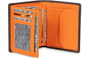 Tomylv Mens Wallets RFID Blocking Leather Wallet with 12 Credit Card Holder, 1 ID Window & Photo Window, Button Coin Pocket, 2 Banknote Compartments, Wallets for Men UK with Gift Box - Black & Orange