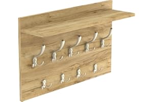 HWS FURNITURE duży wieszak ścienny na ubrania płaszcze, dąb dębowe wykończenie, 9 satynowe haczyki