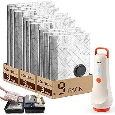Vacuümzakken Set 9 Stuks Vacuümzakken Set – 9 Zakken Handpomp – Ruimtebesparend – Voor Kleding & Reizen – Opbergen & Organiseren Set Met 9 Zakken En Handpomp