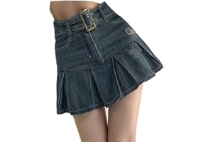 AYAZER Summer high-Waisted Pleated Denim Skirt pear-Shaped Body Cover Span Slimming A-line Skirt