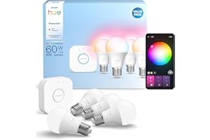 Philips Hue Essential Kit de démarrage: Bridge + 4 ampoules connectées E27 Essential, White and Color Ambiance, 2200-6500 K, compatible Alexa, Google Assistant, Samsung SmartThings, Apple Home