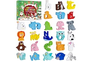 AIKUNLNB Advent Calendar 2025 Kids,Wooden Alphabet Animal Puzzles for Toddlers,52 Pcs ABC Matching Game,24 Days Christmas Countdown Wood Animal Puzzles and Preschool Learning Activities for Boys,Girls,Toddlers