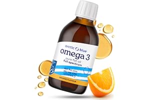 Arctic Blue Oméga-3 Huile de Poisson Liquide 250 ml — 450 mg de DHA + 380 mg d’EPA + 10 µg de Vitamine D3 par 5 ml — Huile de Morue Arctique MSC, Saveur Orange Douce, Pureté Maximale