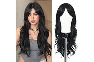 ‎ESMEE Esmee Lange Gewellte Schwarze Perücken für Frauen Synthetisches Brünettes Haar Perücke mit Fransen für die Tägliche Party Cosplay Verwendung-26 Zoll