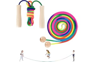 DITTYBUY Corde à sauter longue pour enfants, lot de 2 (5m+2.8m), Corde à sauter Double Dutch ajustable avec poignée en bois, Corde à sauter arc-en-ciel multijoueurs pour s'amuser en extérieur, sport scolaire