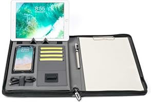 ‎MYMAZN Konferenzmappe mit Reißverschluss Schreibmappe arbeitsmappe Mymazn A4 Padfolio-Dokumentenhalter aus PU-Leder mit 5000 mAh Powerbank und kabelloser Aufladung für Reisen und Besprechungen