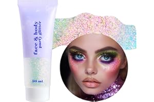 Prreal Body Glitter Gel 50ml, Face Glitters Body Gel Sequins Shimmer Liquid Eyeshadow, Chunky Glitter for Face Hair Nails, Holographic Cosmetic Laser Powder Festival Glitter Makeup(012 Phantom Pink)