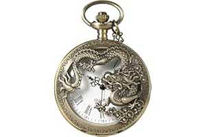 MORFONG Montre de poche vintage à quartz avec collier - Design dragon - Montre de poche antique pour homme et femme - Pour papa, grand-père, anniversaire, anniversaire, bronze