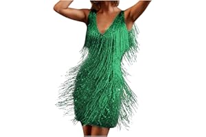 ALWYEANS Womens Mini Dress 1920s Flapper Fringe Dress Vintage Dance Dress V Neck Roaring Fancy Sequin Dress Sleeveless Costume Cocktail Party Dress Tassels Ballroom Salsa Samba Tango Latin Dance Dress