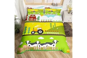 Loussiesd Set di biancheria da letto per bambini con grazioso motivo mucche e trattore in stile cartone animato, copripiumino per letto singolo in stile rustico con porcellini kawaii colorati e