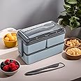 SKUAS Lunch Box 3 compartments, Bento Box Adult Lunch Box, Lunch Box Containers for Toddler/Kids/Adults,3 Compartments & Fork, Leak-Proof, Microwave/Dishwasher/Freezer Safe (Grey)