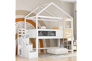 ‎FEZTOY FEZTOY Hochbett mit Treppe & Schubladen, Etagenbett Stockbett mit Rausfallschutz und Lattenrost, Massivholz Kinderbett, Jugendbett, Hausbett, 90x200cm, weiß