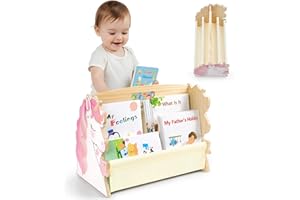 MHJY Libreria per bambini – Libreria in legno a doppia faccia con contenitore in tela, libreria per bambini per asilo nido, camera da letto, stanza dei giochi, organizer per libri per bambini in stile