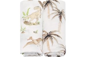 LEBZE LifeTree Pack de 2 Bebé Mantas Muselina Bebé, Súper Suave Mantas Envolventes de Muselina, Bambú Algodón Manta Verano Bebe 120x120 cm Dinosaurios/Palma