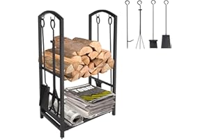 ART TO REAL - Estante de leña con 4 piezas de herramientas para chimenea, cesta de metal para interiores y exteriores, soportes de troncos resistentes para chimenea, almacenamiento de leña bien