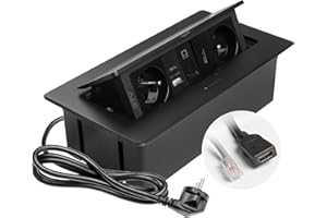 GTV – Enchufe empotrable MULTISOFT negro con 2 enchufes con tierra, USB A+C, RJ45, HDMI 2.0, retráctil con tapa, cable de 1,5 m, ideal para cocina, oficina o mesa de conferencias