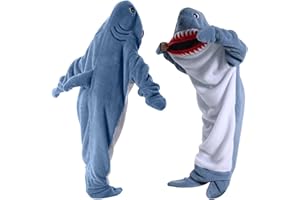 BCUUOZEEING Koc z rękawami, koc rekina flanelowy z kapturem, koc z kapturem, niebieski rekin śpiworek ze stopami, kostium rekina, prezent na imprezę piżamową z kreskówki