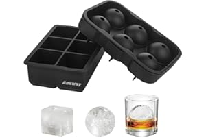 Ankway Set di 2 Stampi Per Ghiaccio In Silicone Di Grandi Dimensioni, Formine In Silicone Per Cubetti Di Ghiaccio Senza BPA, Stampi per Sfere & Cubetti Di Ghiaccio per Whisky, Cocktail e Scotch Nero