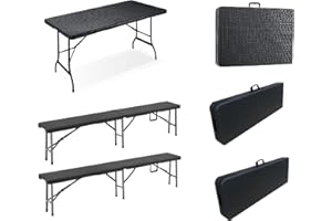 IZTOSS Tavolo da giardino esterno con panche, set da tavolo pieghevole da campeggio con set di 2 panche pieghevoli, facile da trasportare, consegnato in 2-4 giorni, nero