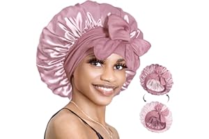 BONNET QUEEN Gorro de Seda para Dormir Ajustable Gorro Saten Pelo Rizado Silk Bonnet Reversible Doble Capa con Lazos Largo
