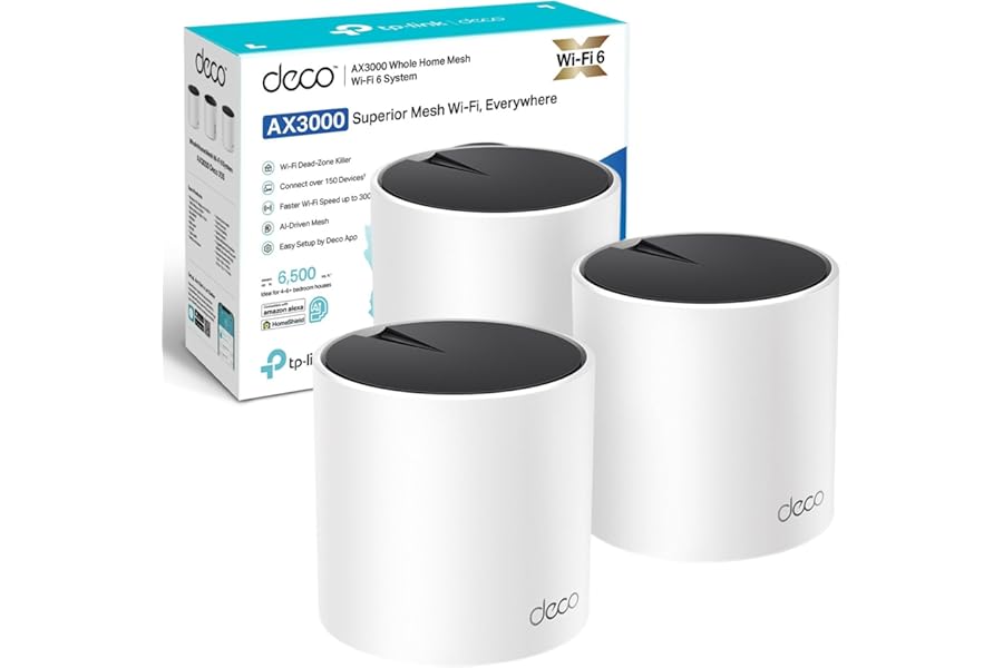 TP-Link Deco X55(3-pack) AX3000Mbps AI-Driven Whole Home Mesh WiFi 6 System, 3x Gigabit Ports, WiFi Booster Coverage up to 6,500 ft2, Connect up to 150 devices, HomeShield Security